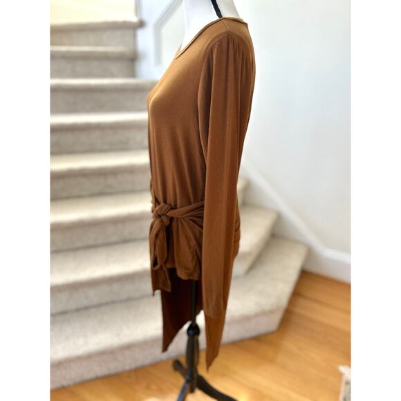 Eloquii Brown Long Sleeve Draped Tie Asymmetric Hem Blouse - Picture 2 of 7